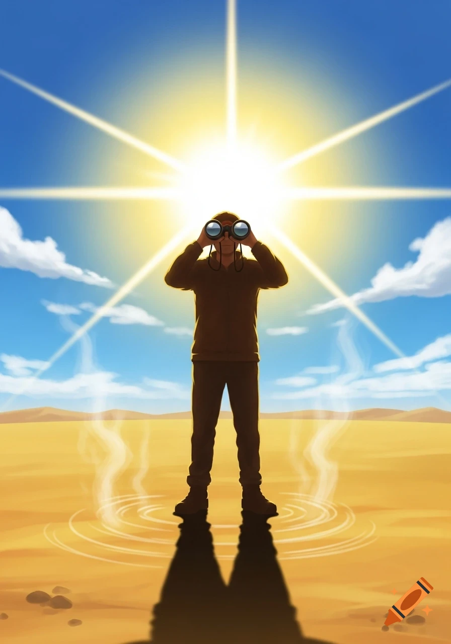 Stylized illustration of a person in a desert looking at the bright sun through binoculars with heat haze effects.