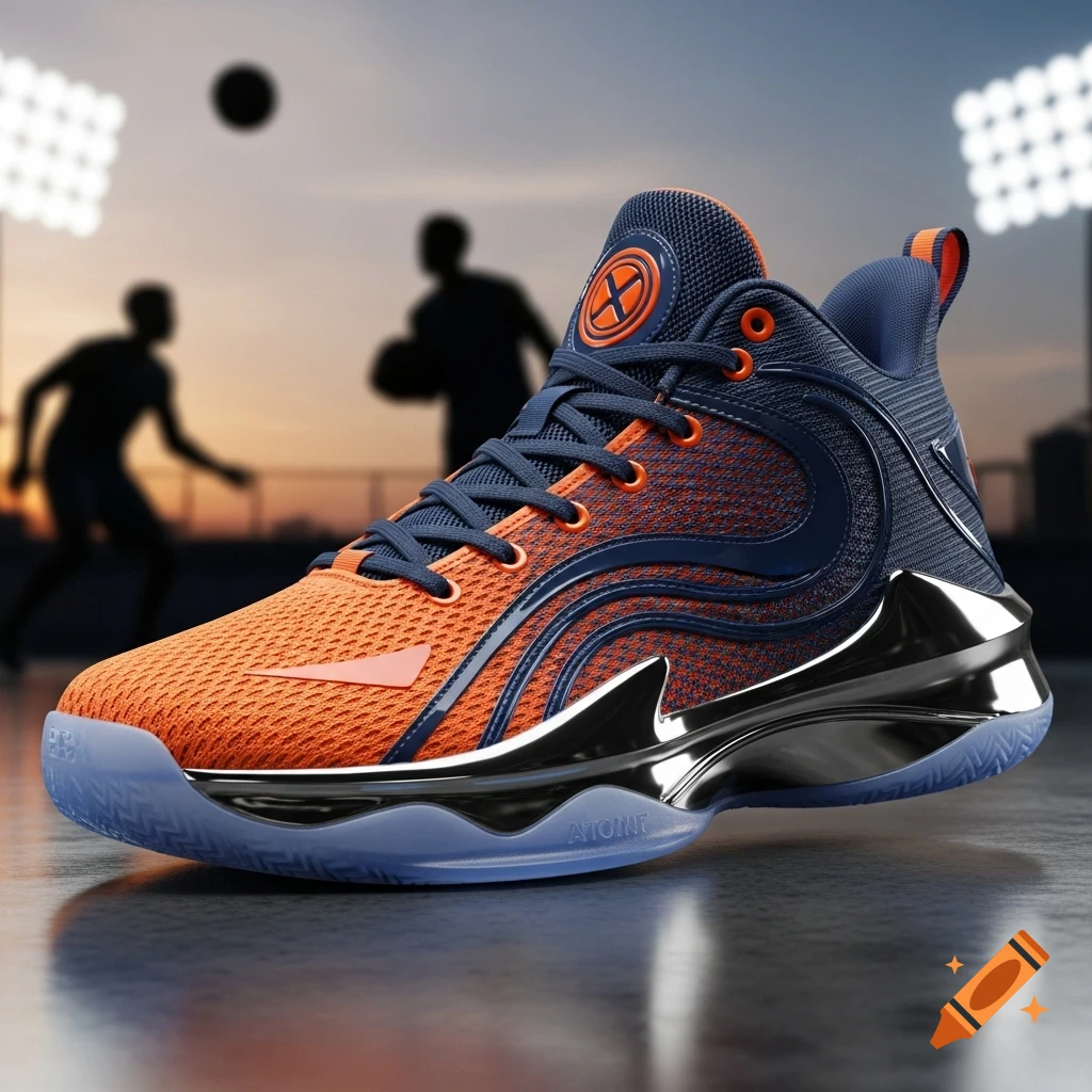 A vibrant orange and navy blue basketball shoe with shiny silver accents, set on a court with blurred players in the background.