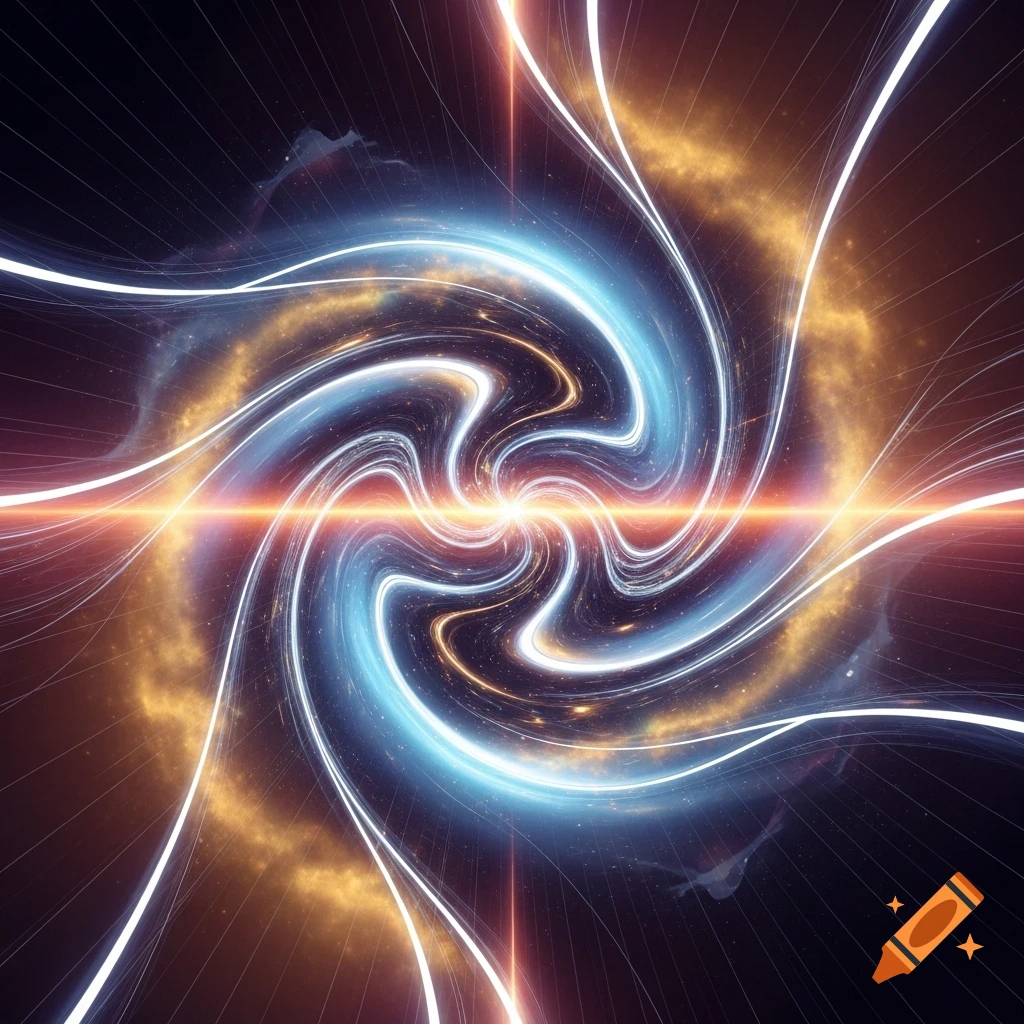 A vibrant abstract image with swirling blue, white, and orange light trails against a dark, star-filled background.