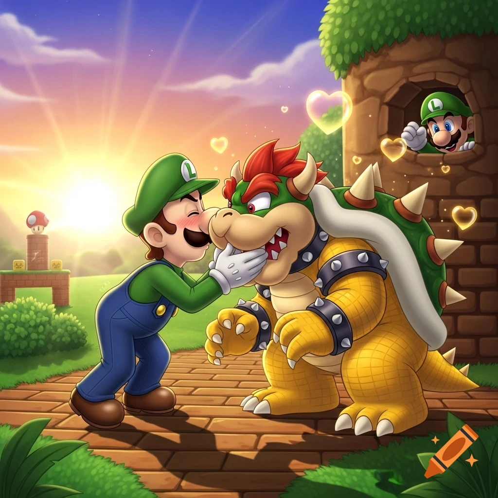 Luigi kisses Bowser's cheek tenderly as another Luigi peeks from a stone tower window in a bright cartoon landscape with a setting sun.