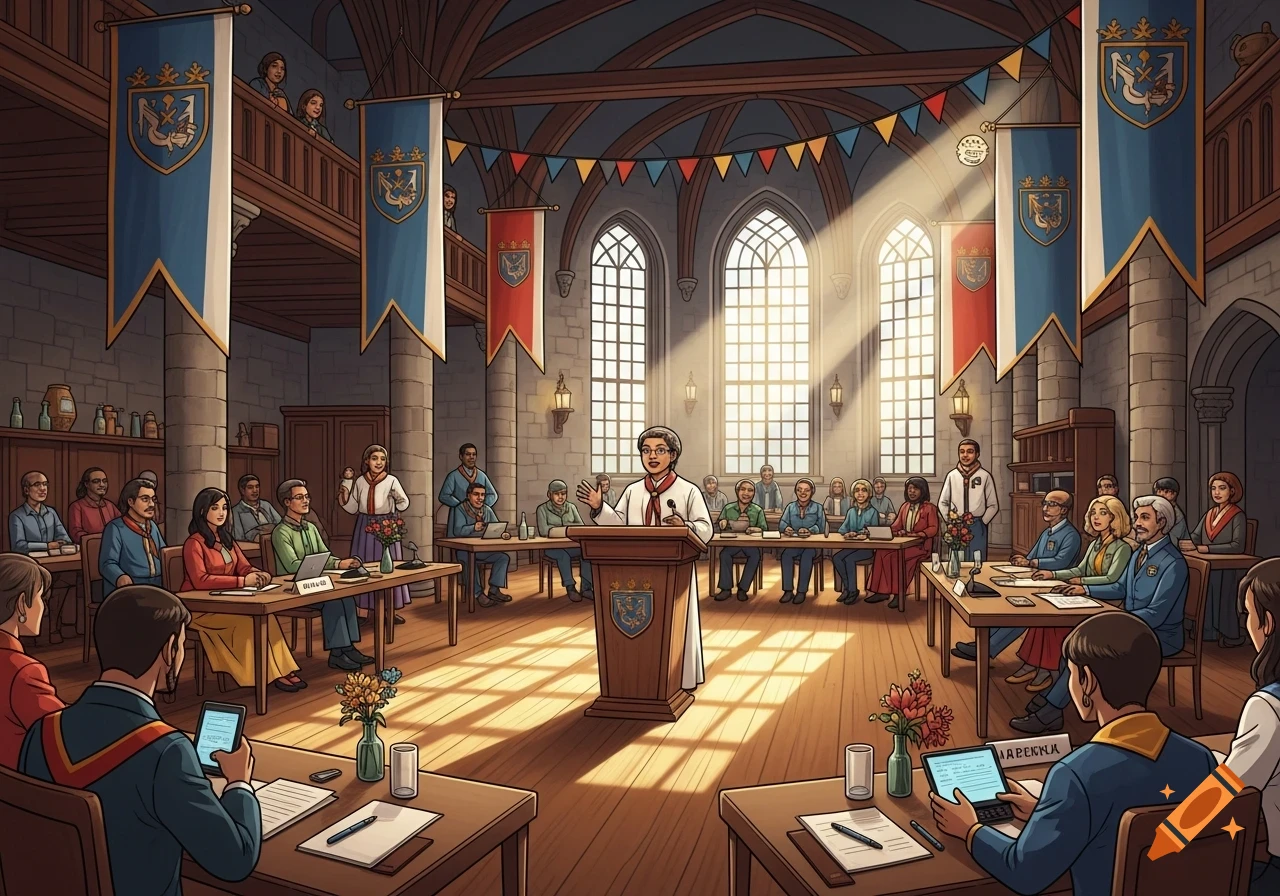 An illustration of a large group of people attending a formal meeting in a grand, medieval-style hall with high arched windows and banners.