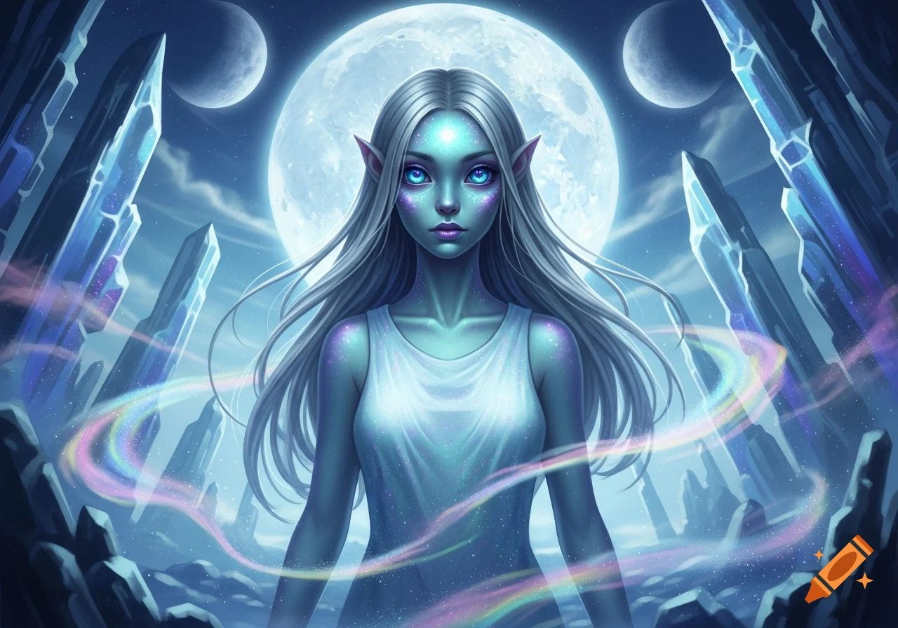 A fantasy portrait of an alien girl with silver hair, blue skin, and large blue eyes, standing under a full moon with large blue crystals.