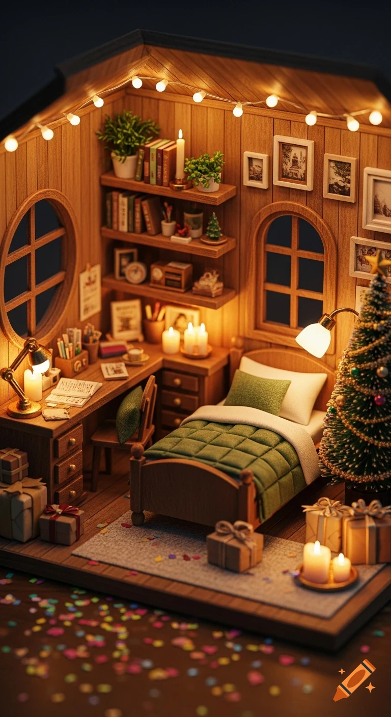 A cozy, highly detailed Christmas miniature room diorama with a bed, desk, Christmas tree, and warm fairy lights.
