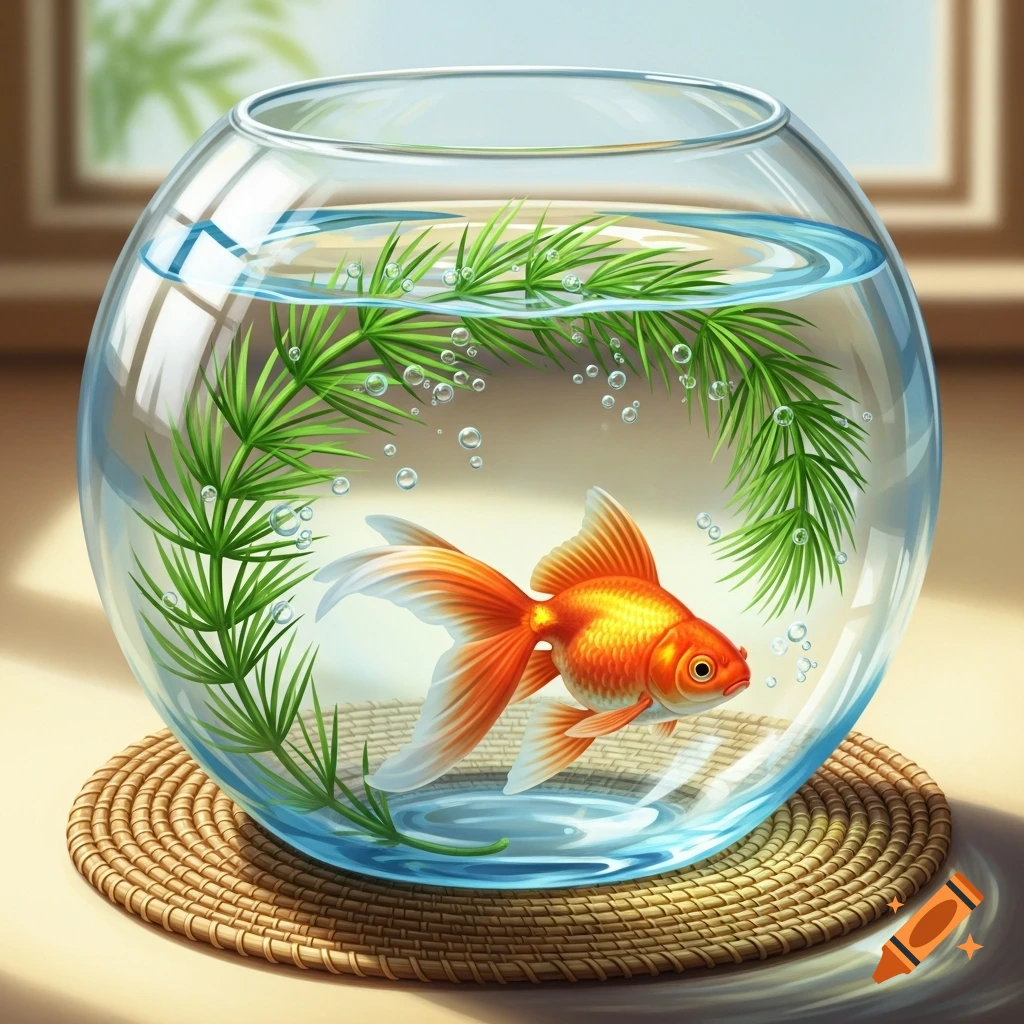 A vibrant orange goldfish with flowing fins swims in a clear glass bowl containing green aquatic plants, resting on a woven mat.