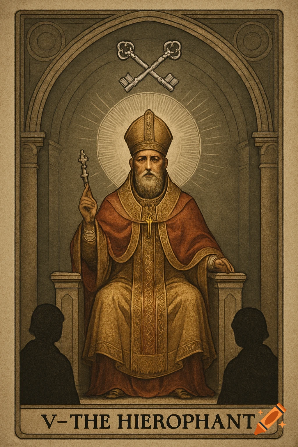 A vintage-style illustration of The Hierophant tarot card. A bearded figure in ceremonial robes sits on a throne under an arch with crossed keys above.