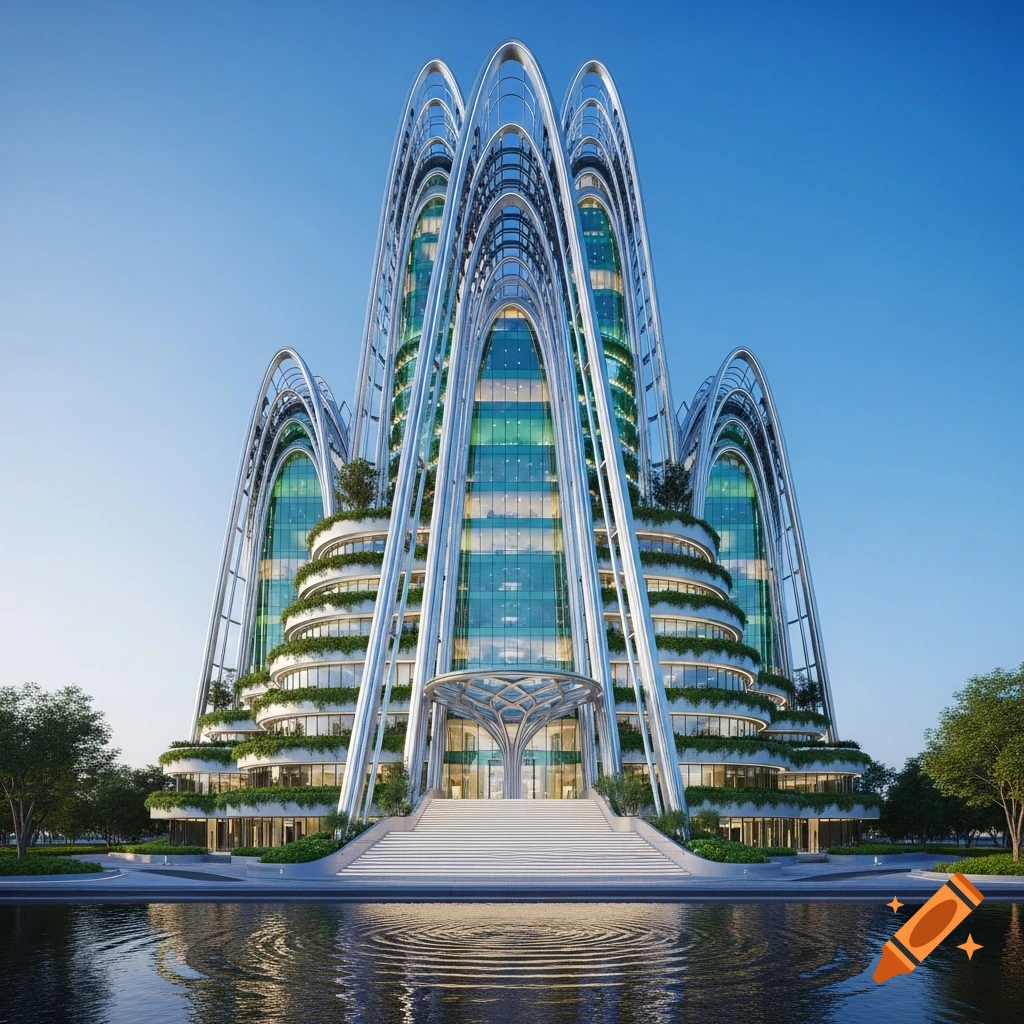 A grand, futuristic building with arched glass and silver structures, green terraces, reflected in a still pond under a clear sky.