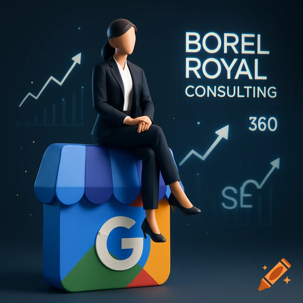 3D render of a professional avatar sitting on a large Google Business icon with growth charts and 'Borel Royal Consulting' text.