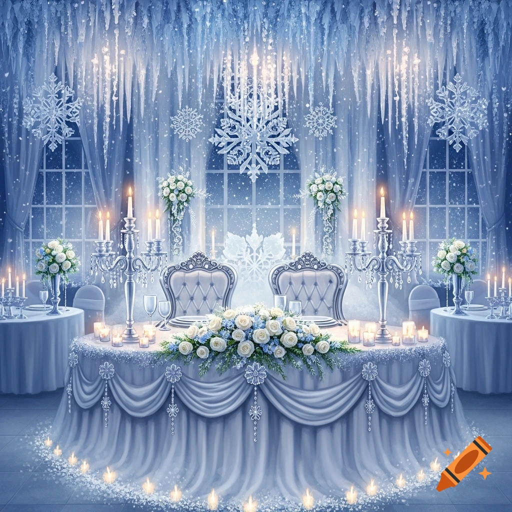 An elegant winter wedding reception hall with a lavishly decorated bride and groom's table, white flowers, candles, and ice decor.