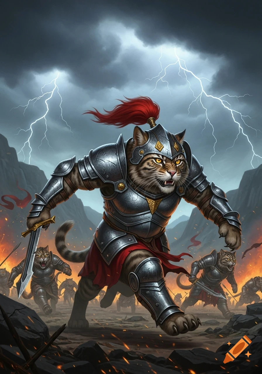 An armored cat warrior with a sword charges forward on a battleground under a stormy, lightning-filled sky, with other cat warriors.