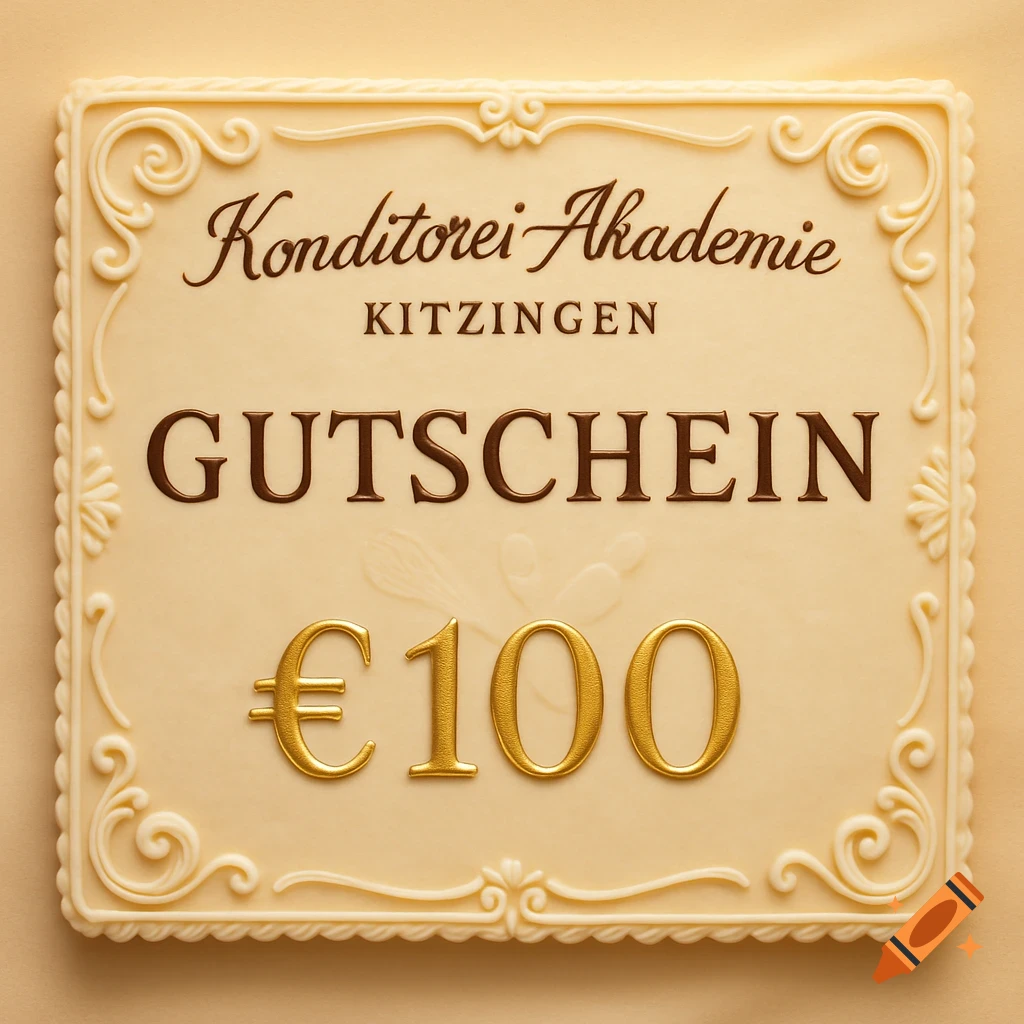 A cream-colored chocolate plaque gift voucher for Konditorei Akademie Kitzingen for 100 Euros, with embossed text.