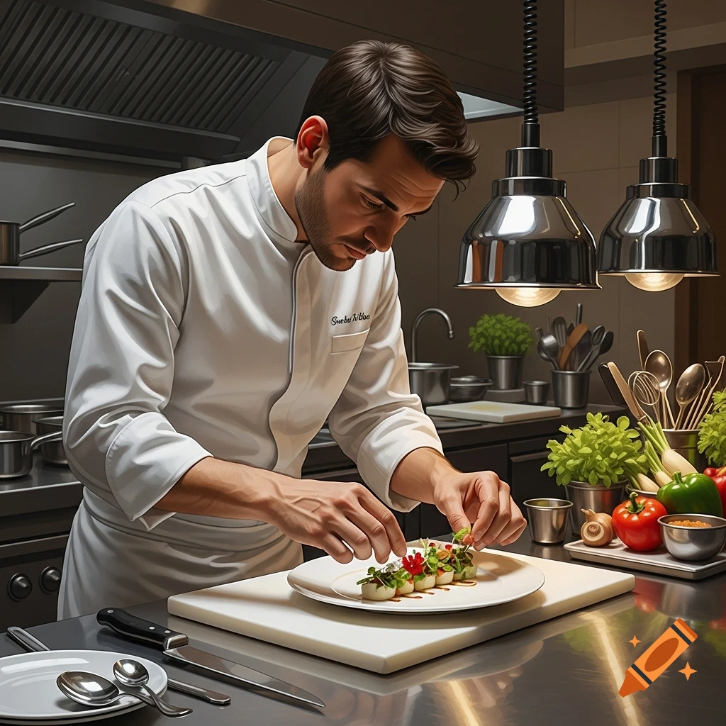 A professional male chef in a white uniform meticulously plates a gourmet dish in a modern, well-lit kitchen.