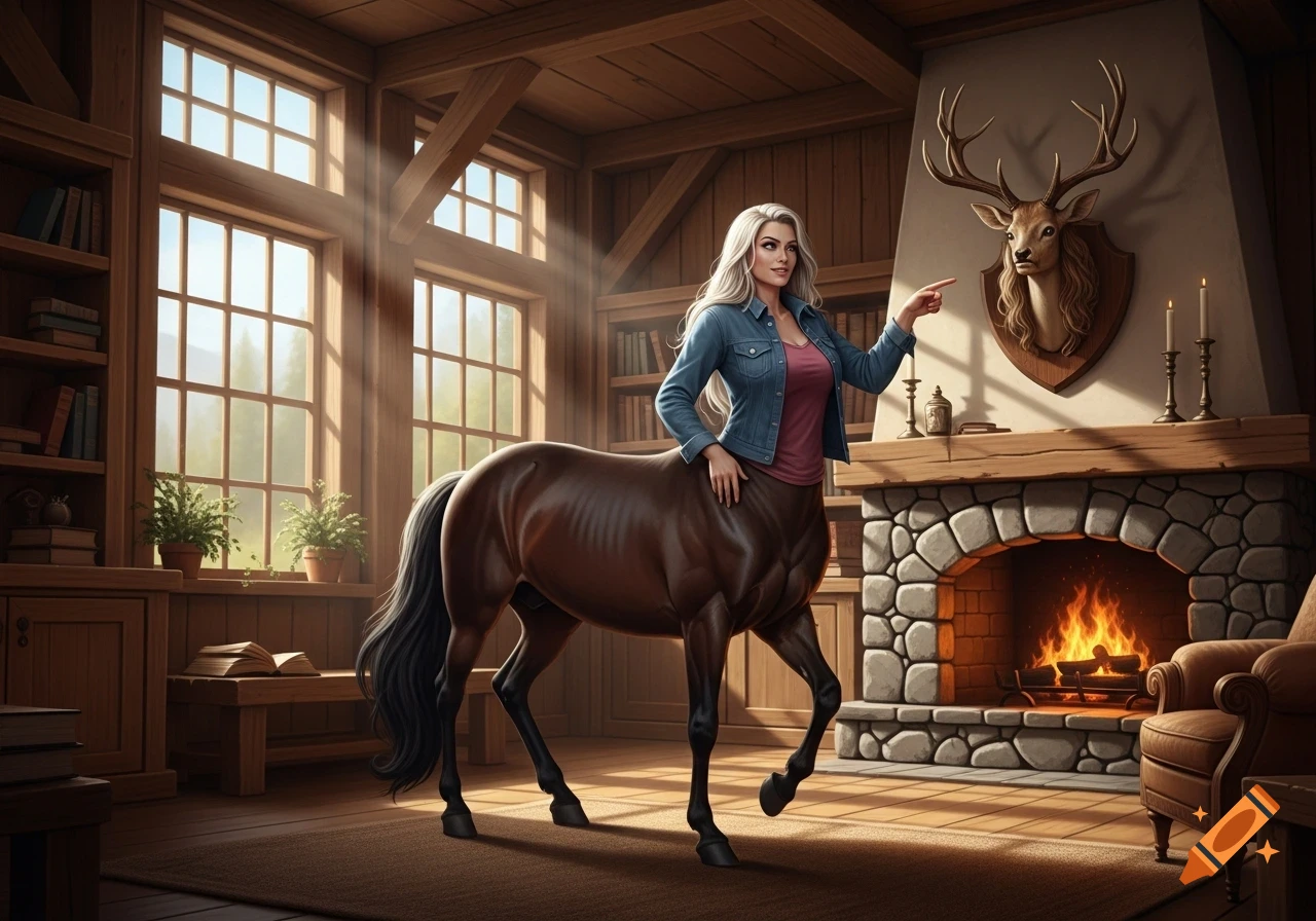 A female centaur in a rustic, wood-paneled room with large windows, pointing towards a mounted deer head above a stone fireplace.