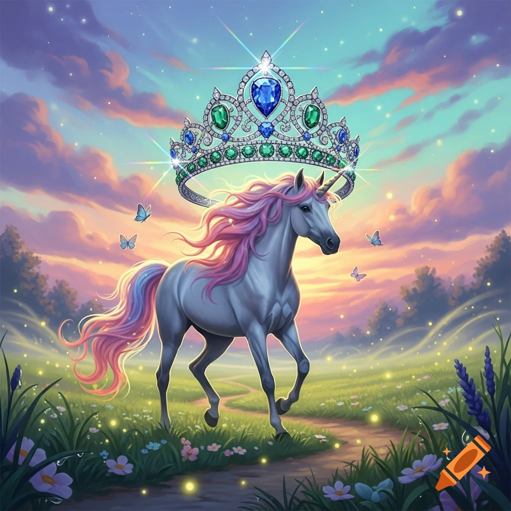 A whimsical unicorn with a pink mane trots through a magical meadow under a sparkling crown at sunset.