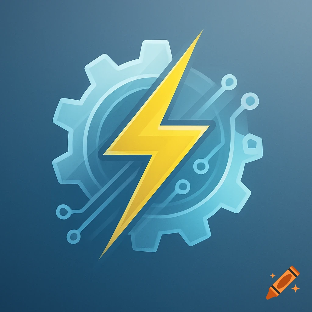 A stylized logo featuring a bright yellow lightning bolt diagonally across a translucent blue gear, with circuit board traces.