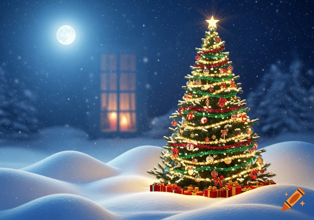 A decorated Christmas tree sits in a snowy landscape under a full moon at night, with a glowing window in the background.