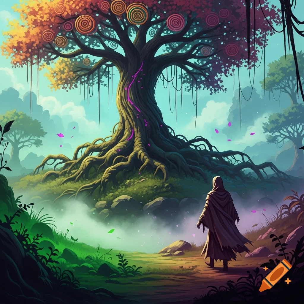 A robed figure approaches a massive, ancient tree with glowing purple lines and swirling patterns on its leaves in a vibrant, misty fantasy forest.