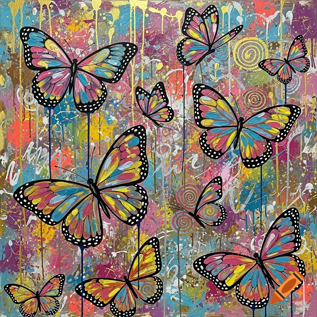 Colorful butterflies painted in an abstract art style with splattered and dripped paint on a vibrant background.