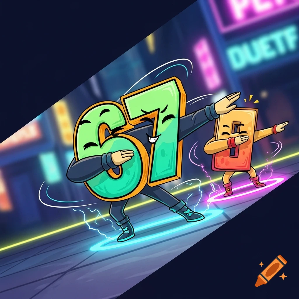Cartoon numbers 6 and 7, wearing jackets and shoes, do a floss dance with glowing energy around their feet in a neon-lit city street at night. The number 6 is green, and the number 7 is also green with a yellow outline. A smaller orange number character dances in the background.
