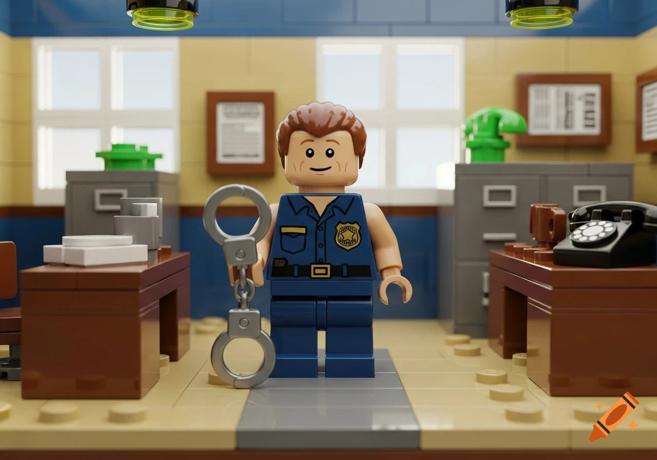 A Lego minifigure of a male police officer in a blue uniform holds handcuffs in a police station office.