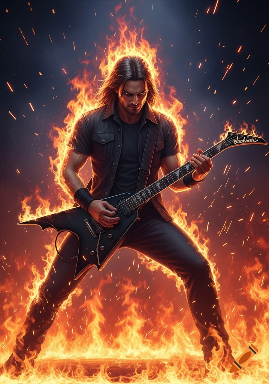 A long-haired man playing an electric guitar, engulfed in flames against a dark, fiery background, with sparks flying.