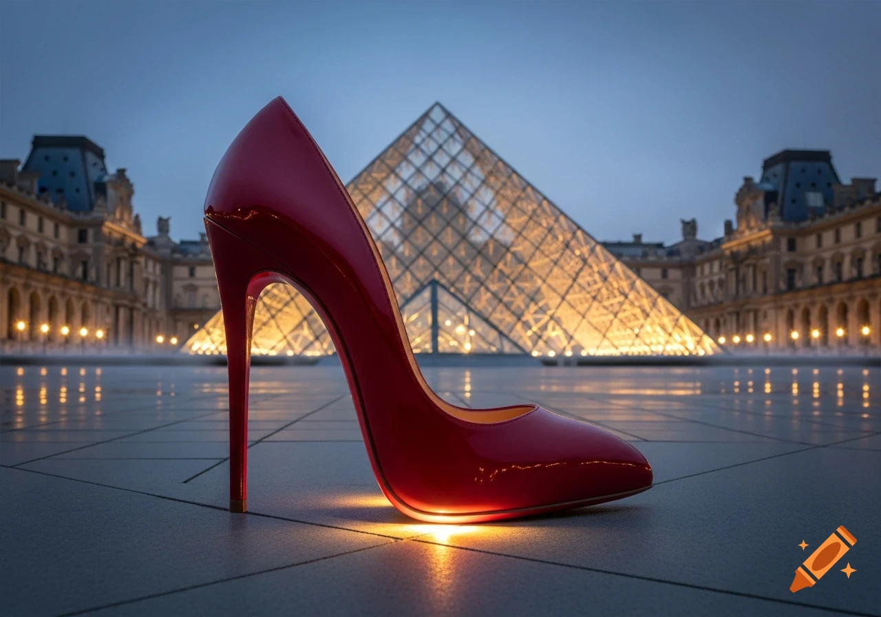 A shiny red patent leather high heel shoe stands prominently on the ground in front of the illuminated Louvre Pyramid at dusk.
