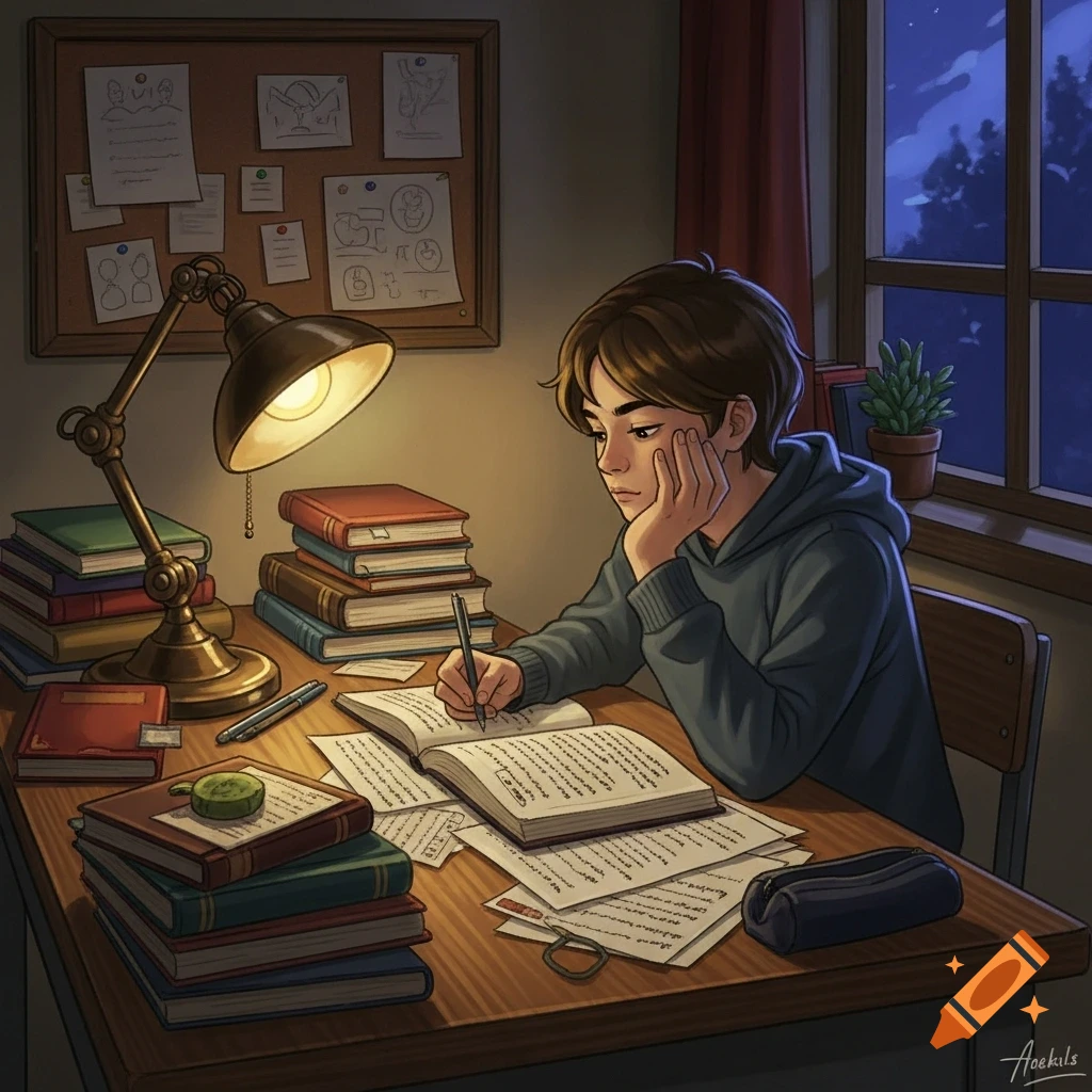 An anime-style illustration of a student with brown hair studying at a desk filled with books under a warm lamp at night.