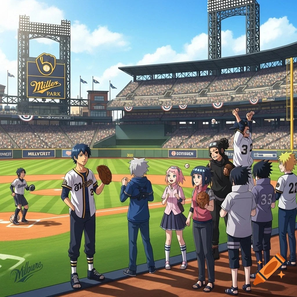 Anime characters playing or watching baseball in a large stadium with a prominent scoreboard displaying "Miller Park".
