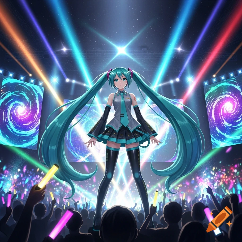 Hatsune Miku performs on a brightly lit stage with a large crowd holding glow sticks.