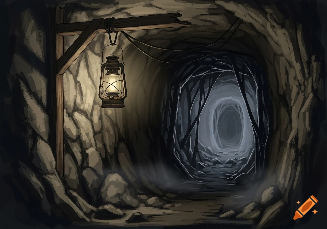 A glowing lantern lights the entrance of a dark, rocky mine tunnel leading into mist and shadows. Concept art style.