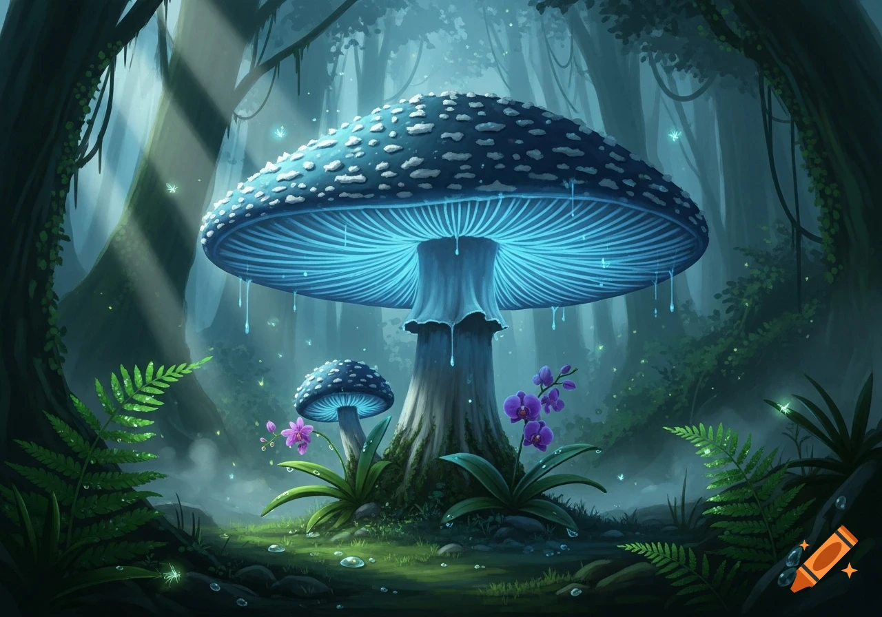 A large, glowing blue mushroom stands prominently in a misty, enchanted forest with ferns and purple orchids, digital painting.