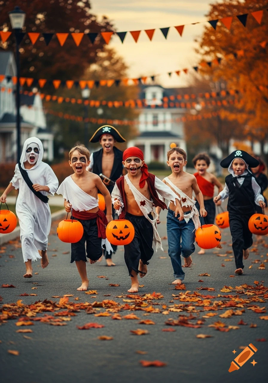 Group of children in pirate and ghost Halloween costumes running down an autumn street with jack-o'-lantern buckets.