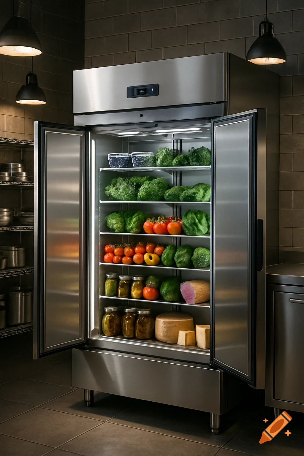 A photorealistic image of a stainless steel commercial refrigerator with its doors open, revealing shelves stocked with fresh vegetables, jars of preserves, and wheels of cheese.