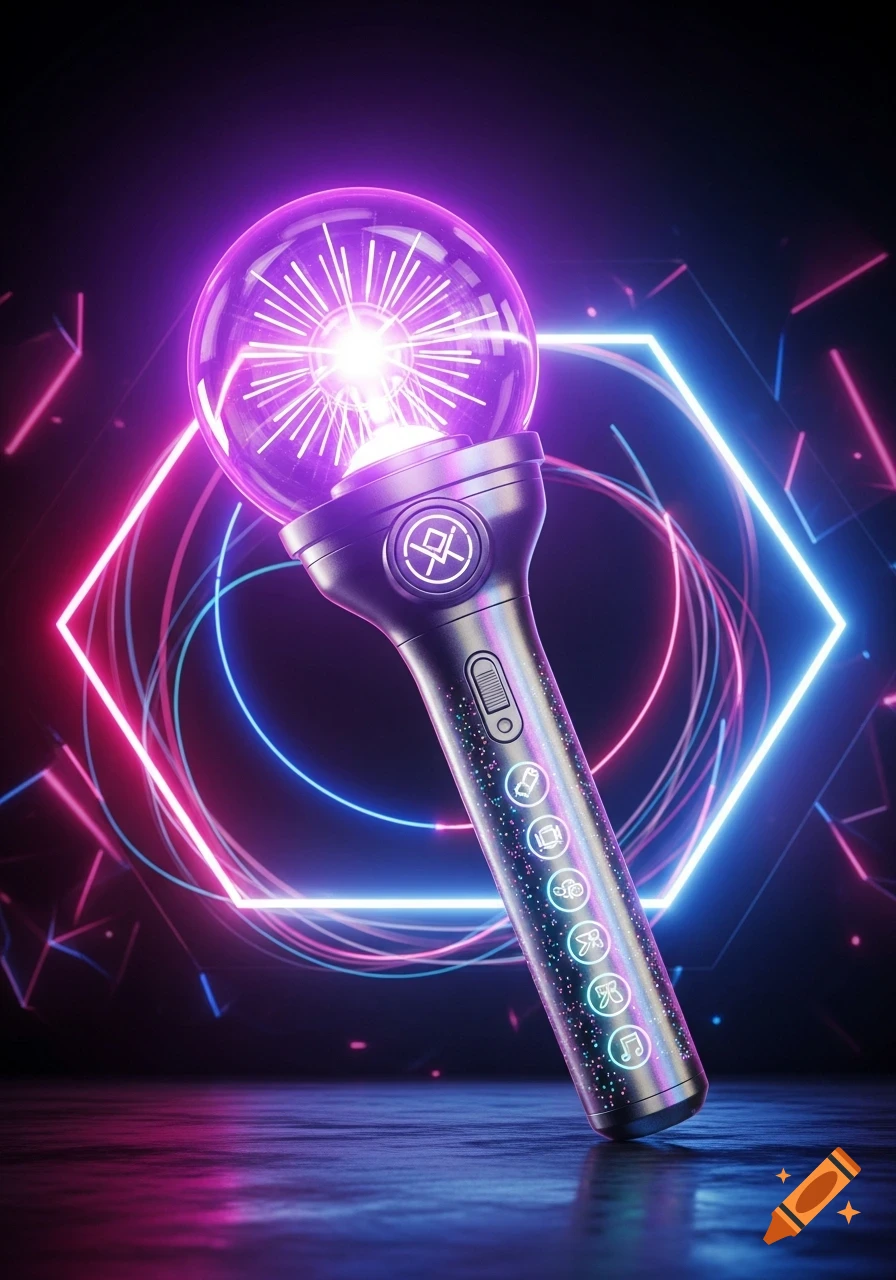 A glowing purple and blue kpop lightstick with a clear orb top, illuminated symbols on the handle, against a dark background with vibrant neon geometric lines.