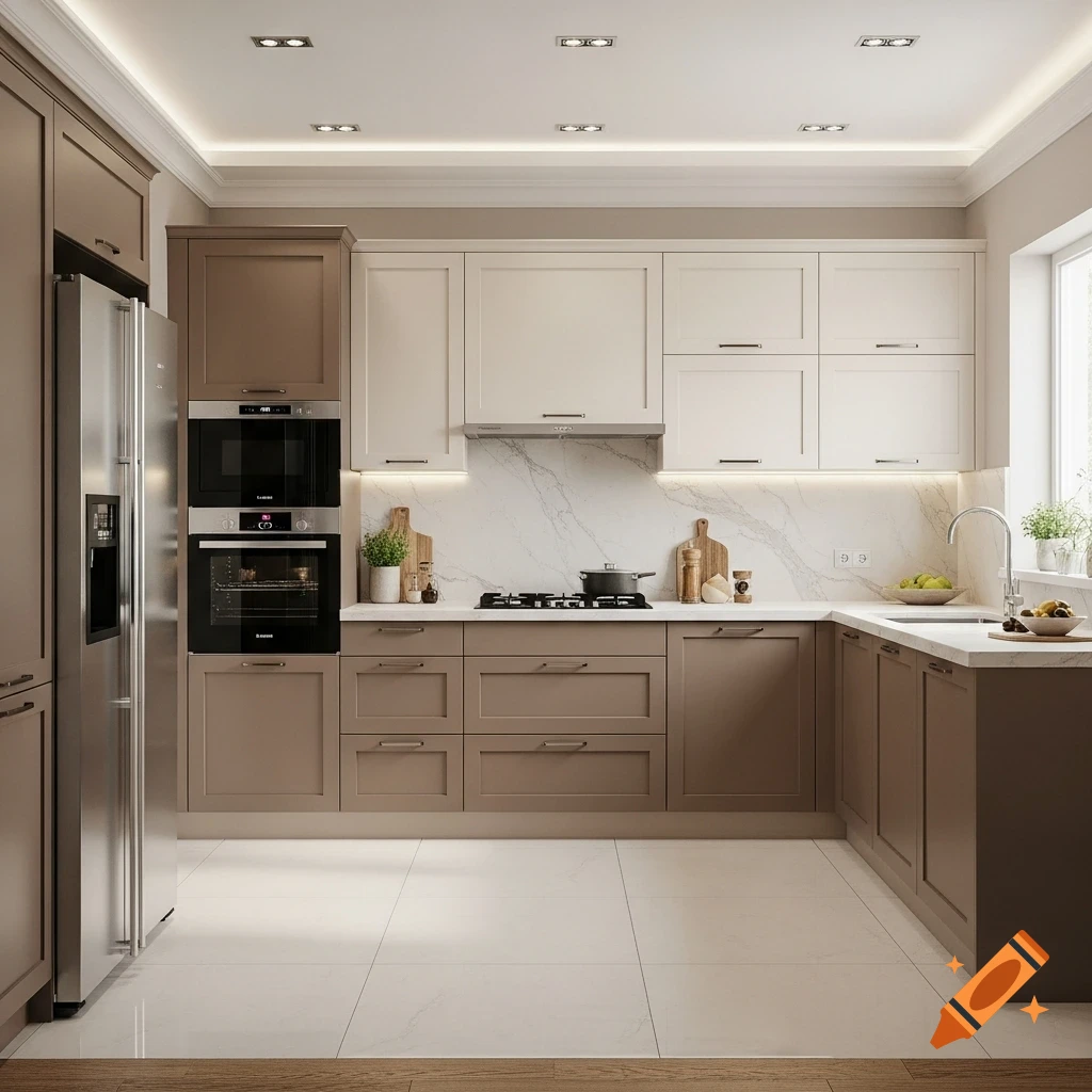 Photorealistic modern kitchen with two-tone brown and white cabinets, marble backsplash, stainless steel appliances, and a window above the sink.