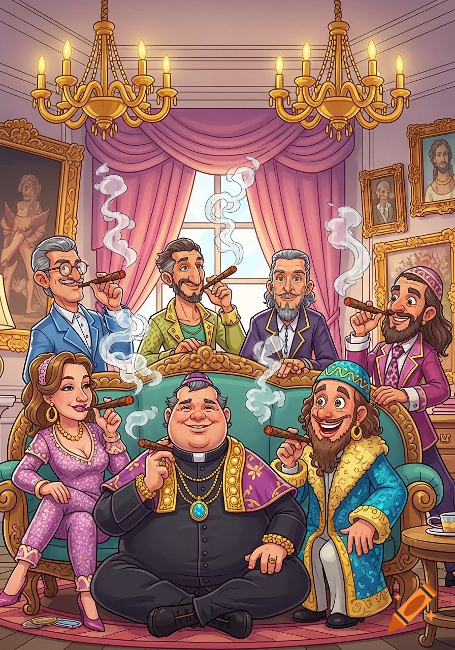 Cartoon of a group, including a Catholic priest and an Orthodox Jew, smoking cigars in a lavish room.