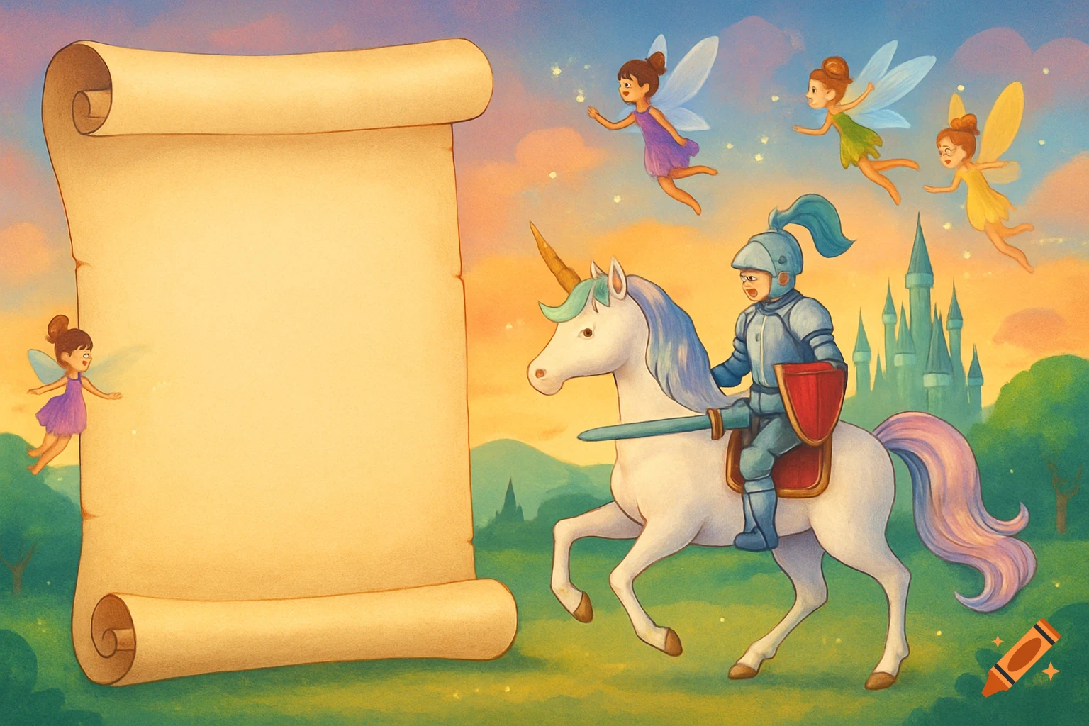 Cartoon knight on a white unicorn, flying fairies, and a blank scroll in a fantasy landscape with a castle at sunset.