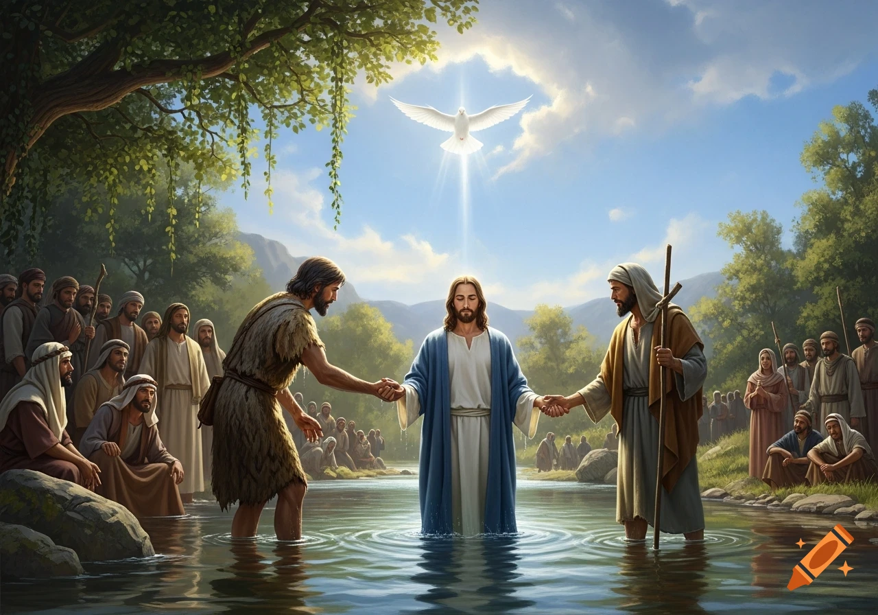 Illustrative painting of the Baptism of Jesus in a river, flanked by John the Baptist and another figure, under a sky with a dove and light.