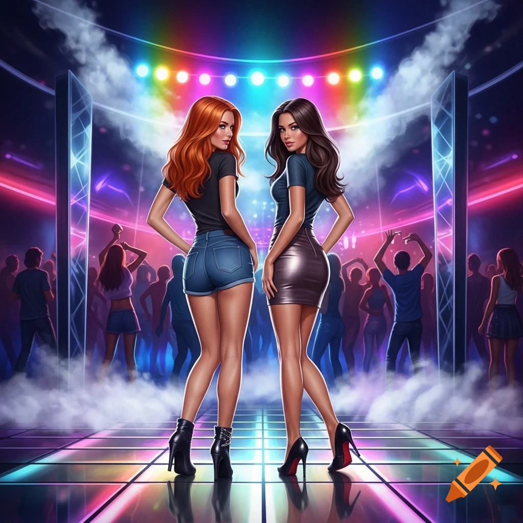 Digital art of a redhead in shorts and a brunette in a miniskirt, posing in a vibrant, smoky nightclub with colorful lights.