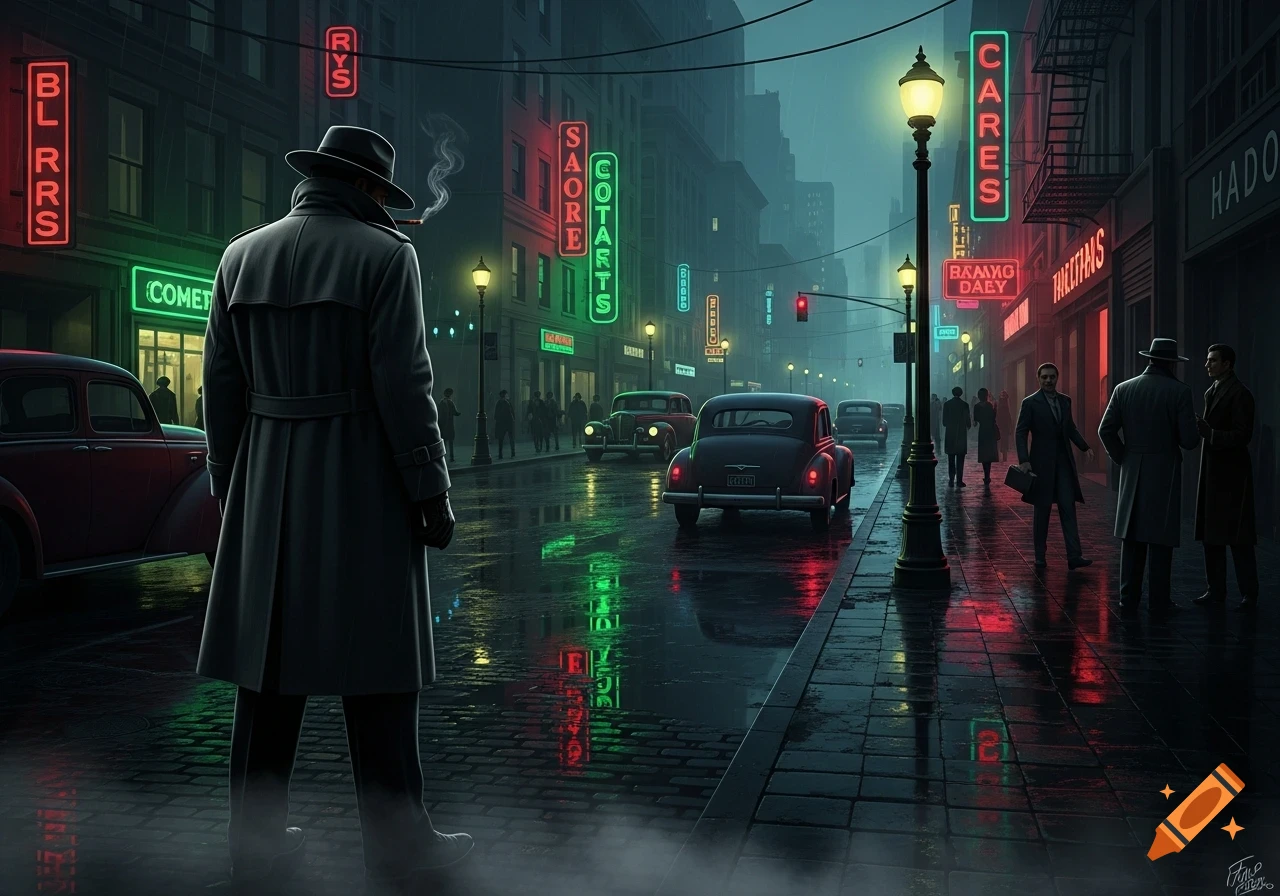 A man in a trench coat and fedora stands on a dark, wet city street at night, illuminated by neon signs and streetlights, with classic cars and other figures in a film noir style.