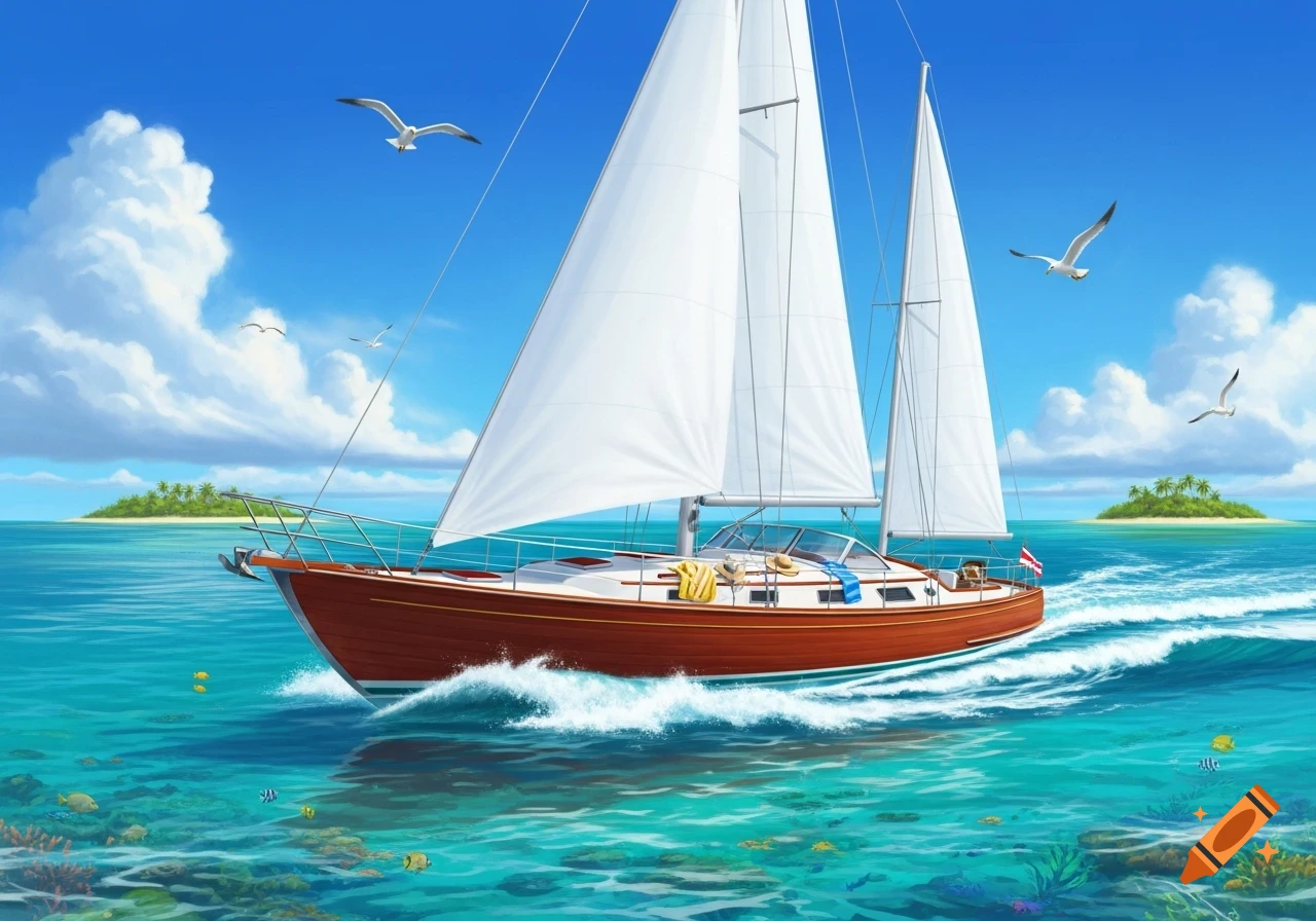 A wooden sailboat with white sails navigates clear turquoise waters near tropical islands under a bright blue sky with seagulls.
