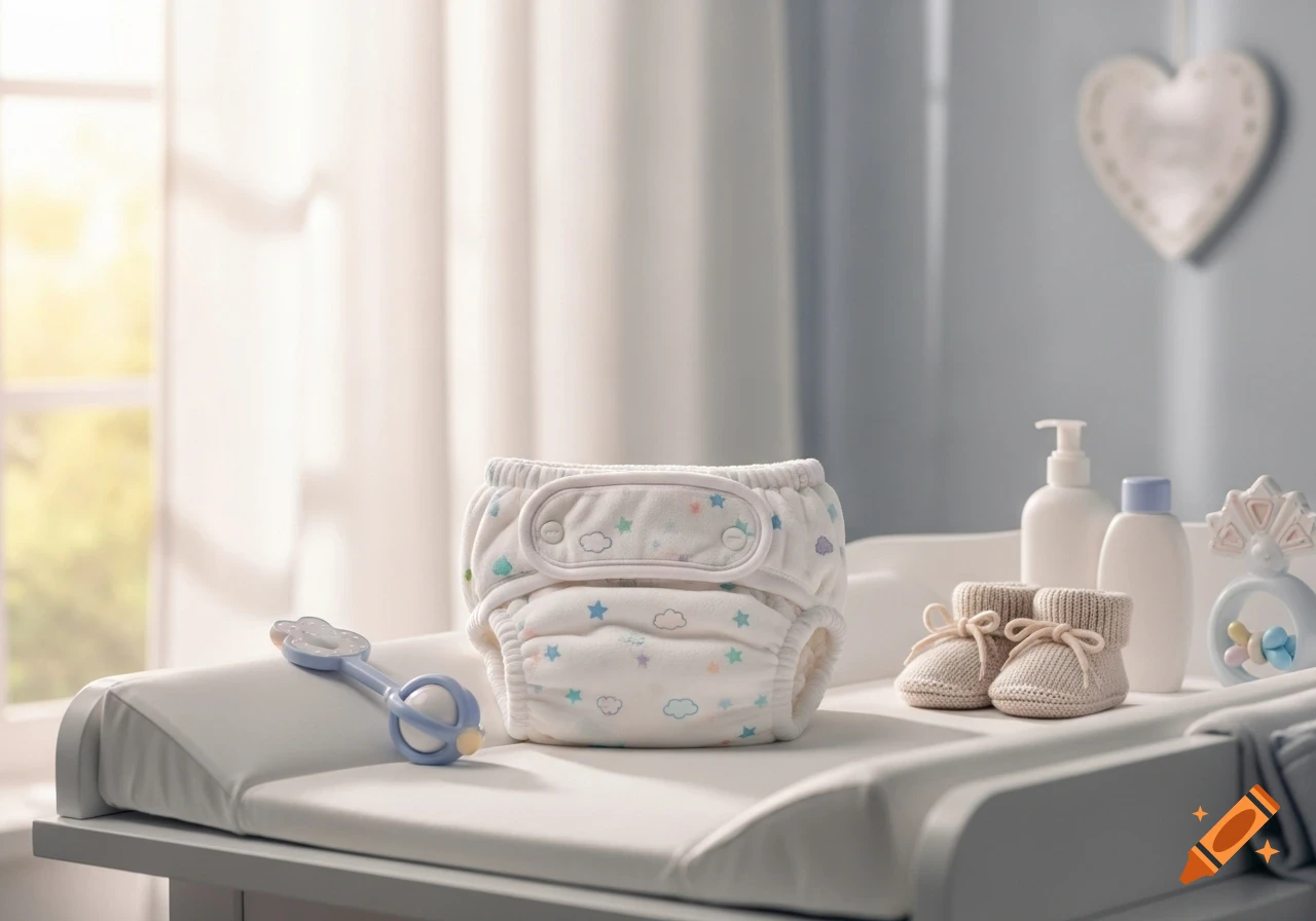 A white diaper with stars and clouds on a changing table, alongside baby booties, lotion bottles, and a rattle in a sunlit nursery.