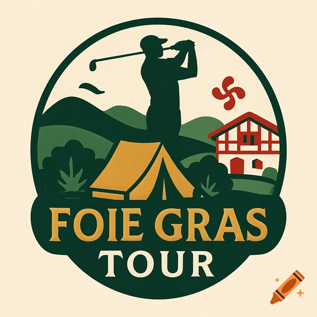 A stylized logo for 'FOIE GRAS TOUR' featuring a golfer, a tent, a Basque house, and hills.