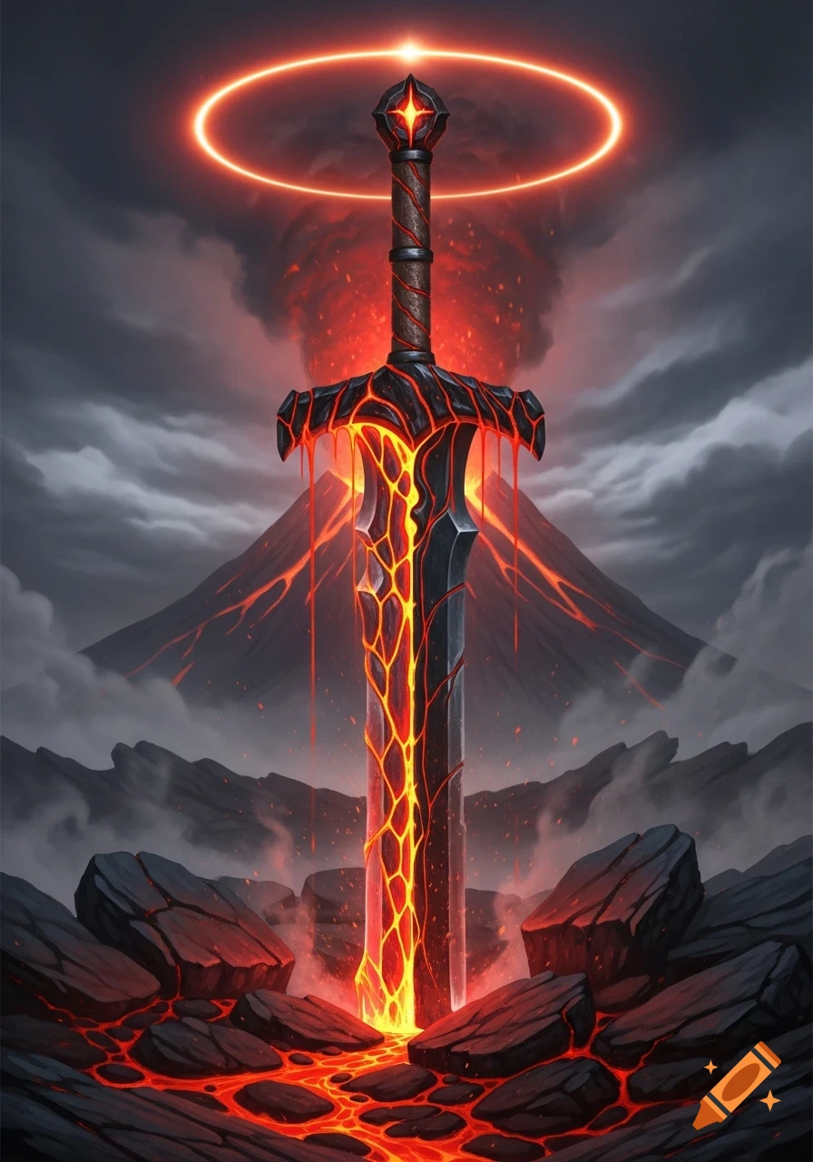A dark, glowing longsword with red magma veins stands in a volcanic landscape with flowing lava and an erupting volcano under an orange halo.