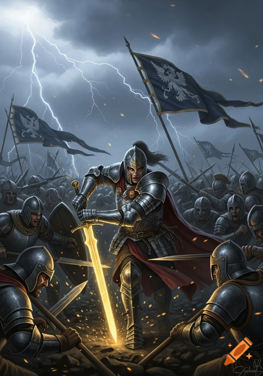 An armored warrior with a glowing sword leads an army into battle on a stormy field with lightning, fantasy illustration.
