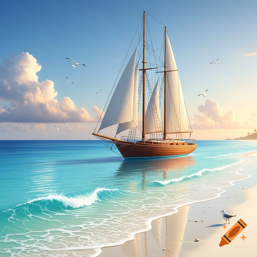 A picturesque sailboat on the shallow turquoise water of a sandy beach, under a bright blue sky with scattered clouds and seagulls.