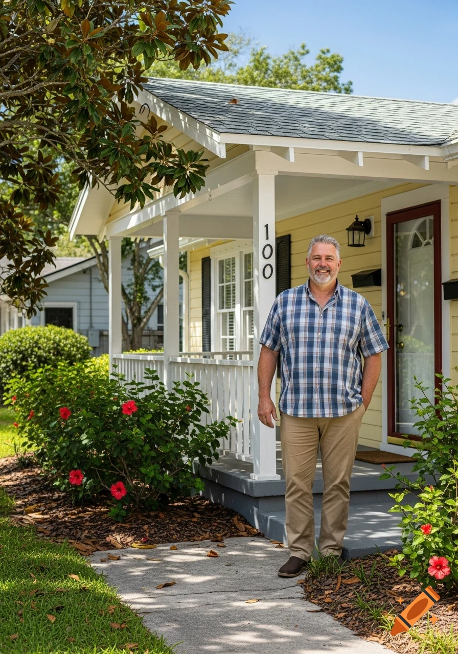 A smiling man in a plaid shirt and khakis stands on the porch of a yellow house with a white railing and house number 100.