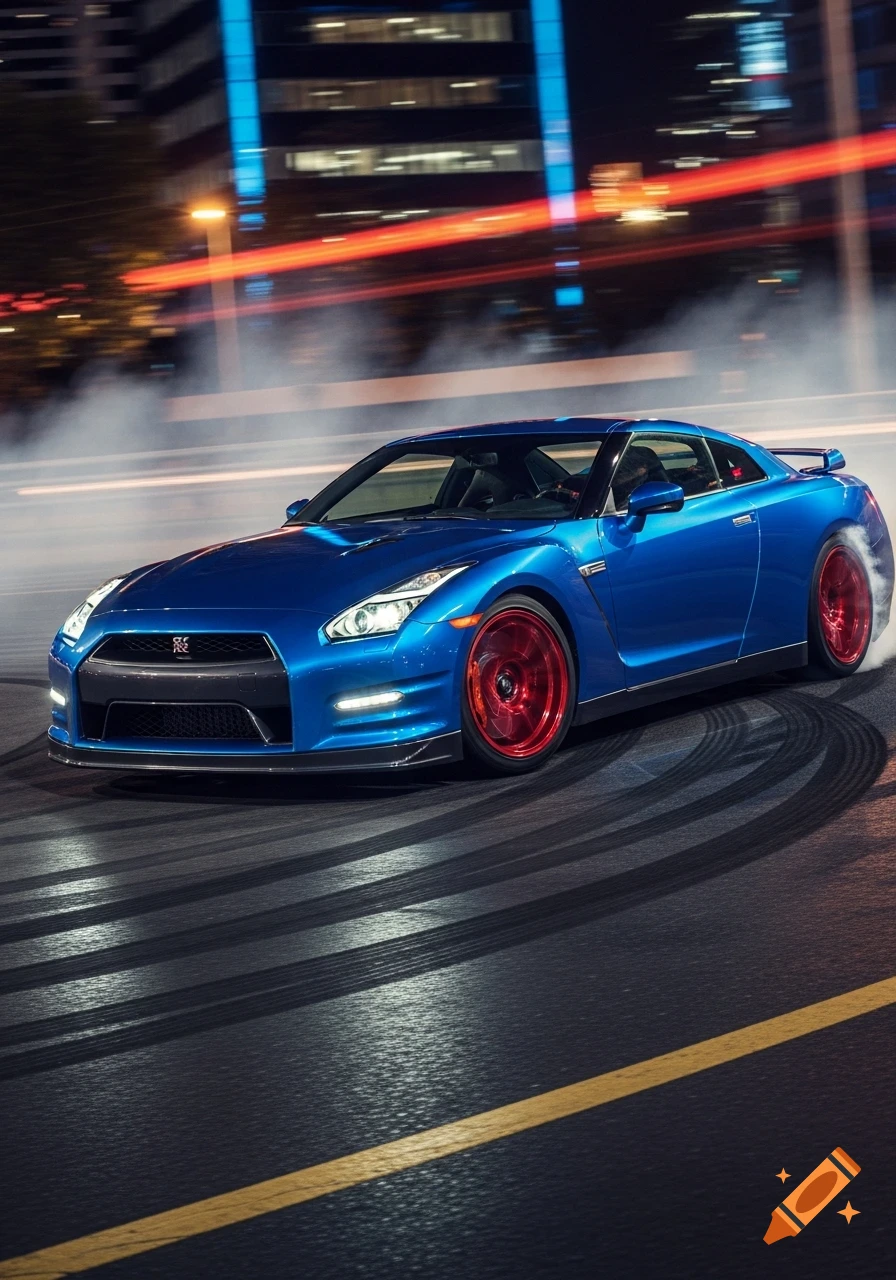 Blue Nissan GT-R sports car with red wheels drifting on an asphalt road at night, with smoke and city lights in the background.
