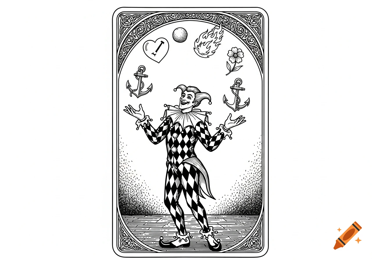 Black and white vintage illustration of a jester juggling a heart with a '1', two anchors, a fireball, and a flower inside an ornate card frame.