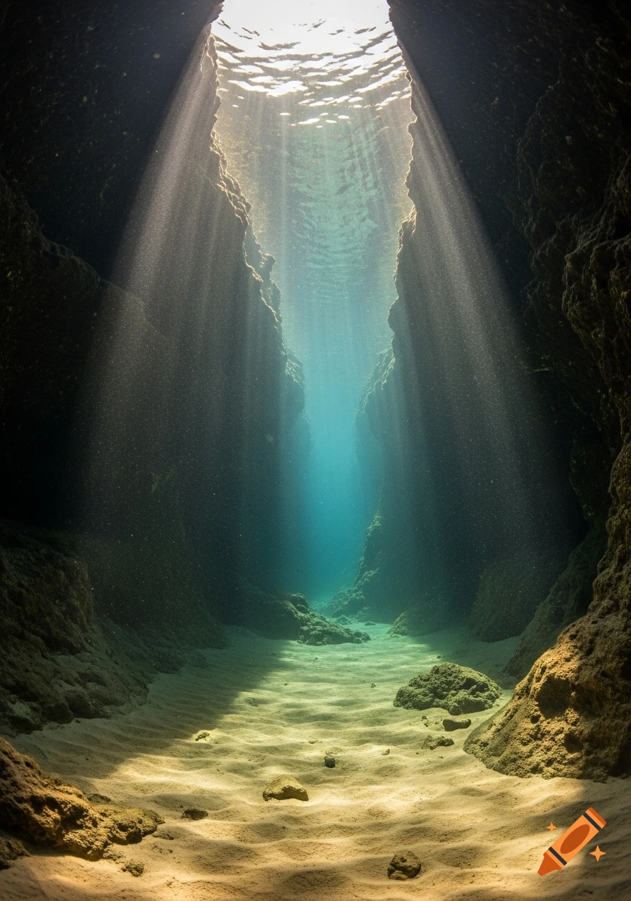 Underwater view inside a dark cave with sunlight streaming through the opening onto a sandy seabed, illuminating the murky water.