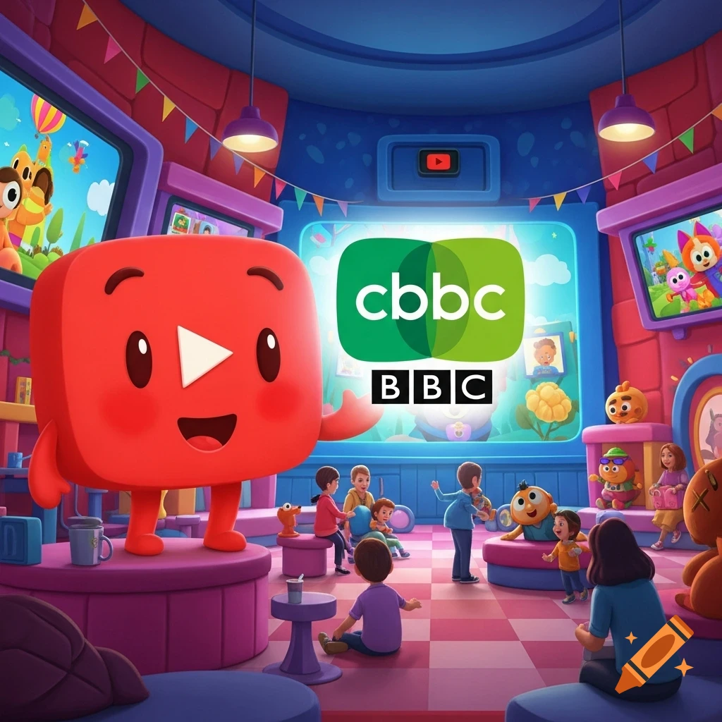 A red YouTube Kids character stands in a colorful clubhouse where children watch a large screen displaying the CBBC logo.